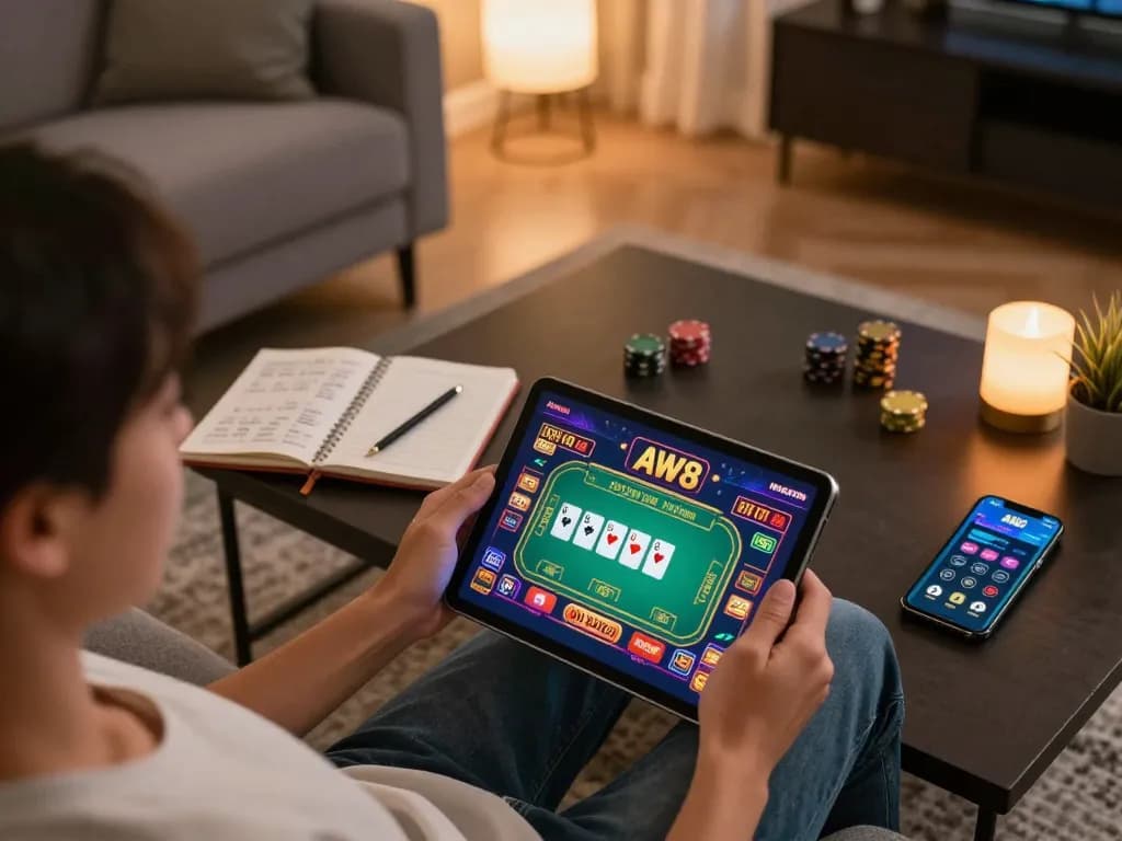 Enjoying an online gaming session on AW8, showcasing vibrant poker on a tablet in a cozy living room.