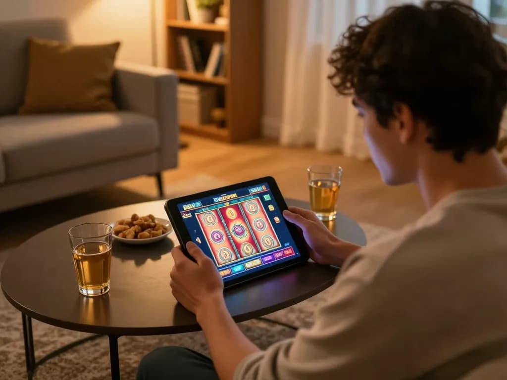 Player engaging with online slot machines on tablet during cozy game night at home