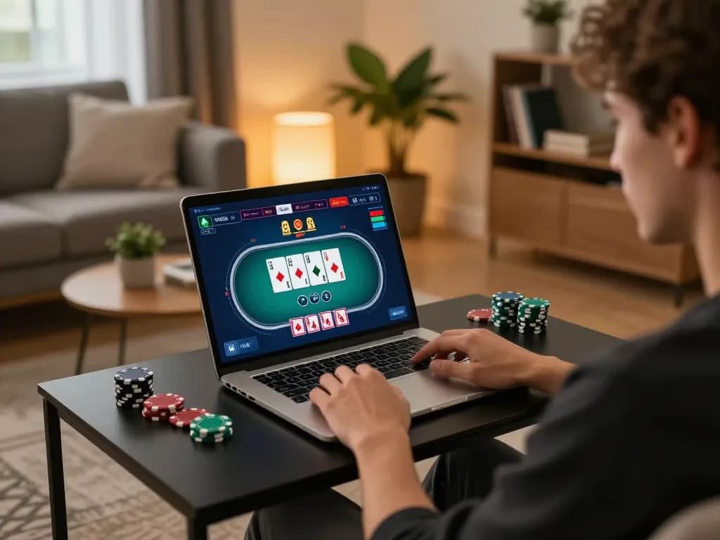 Engaging in open 88 online gaming with a laptop setup showing poker action.