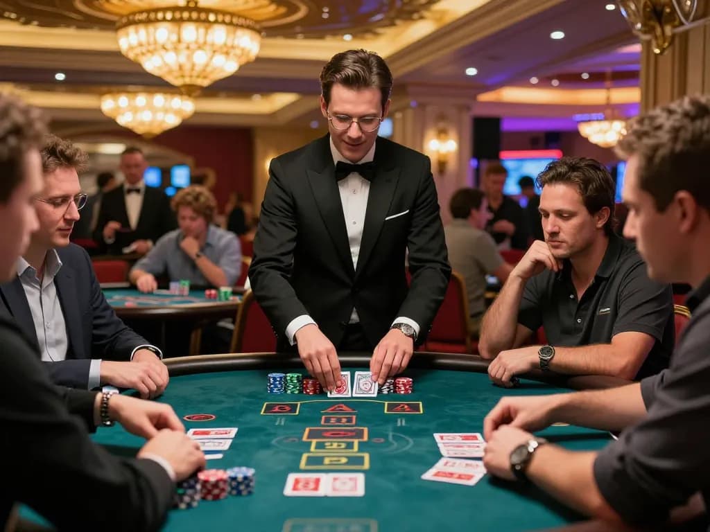 Players at nhà cái cm88 blackjack table engaging in intense gameplay, dealer managing cards under warm lighting.