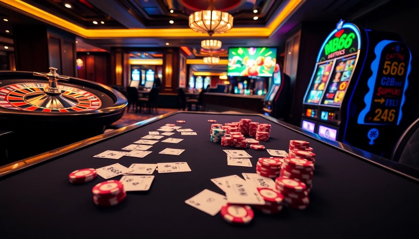 Experience thrilling moments at MB66 casino tables with vibrant poker chips and action-packed games.