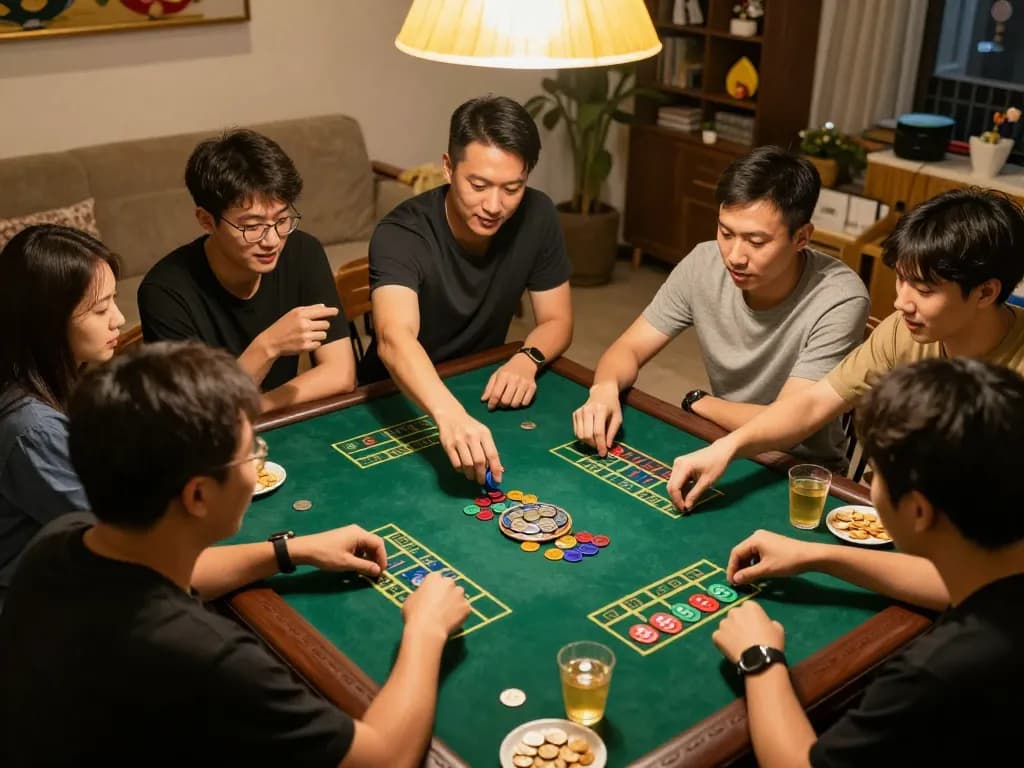 xóc đĩa game in progress, friends placing bets and enjoying a lively atmosphere in a cozy home setting