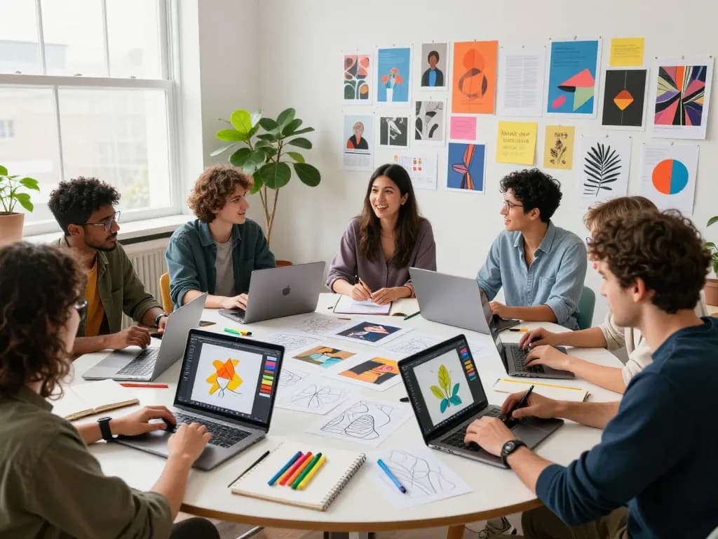 Design team using the nano banana AI image editor to generate creative visuals in a vibrant studio.
