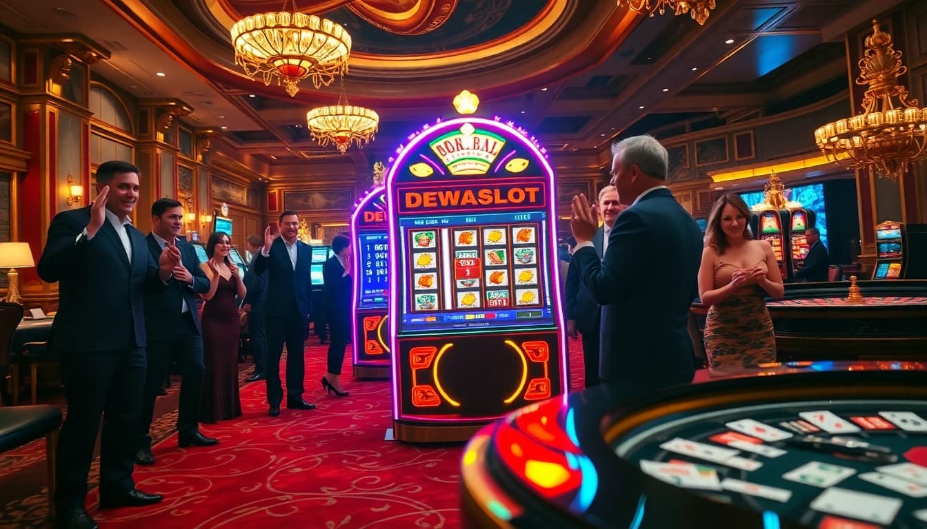 Dewaslot slot machine exhilarating win moment in a luxurious casino setting.