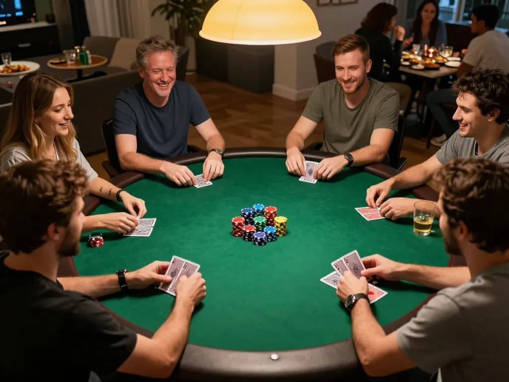Win55 poker game in progress with players enjoying casual home gambling atmosphere.