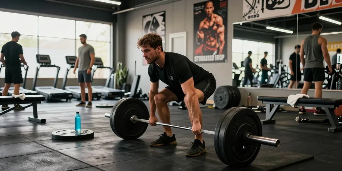 Astera Steroid Shop gym scene with a dedicated athlete lifting weights in an energetic environment.
