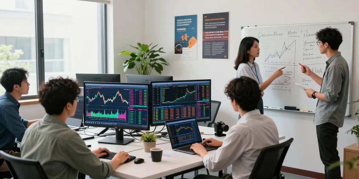 Tim trader kakakjudi berdiskusi strategi perdagangan di kantor modern.