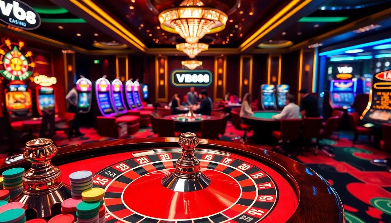 Players enjoying a thrilling casino experience with VB88-themed roulette wheel and slot machines.