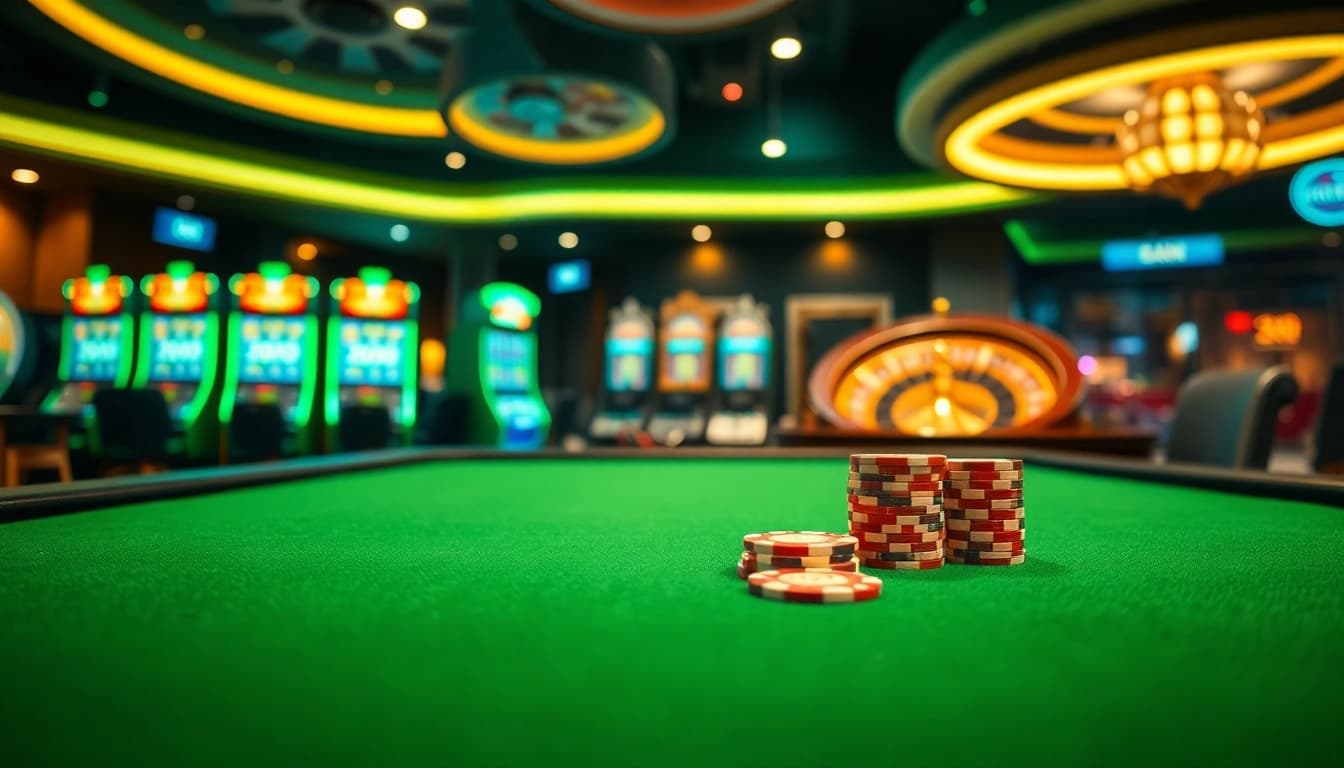 Spielen im Stilvollen Casino-Umfeld auf casinospielen.de mit eleganten Spieltischen und bunten Chips.