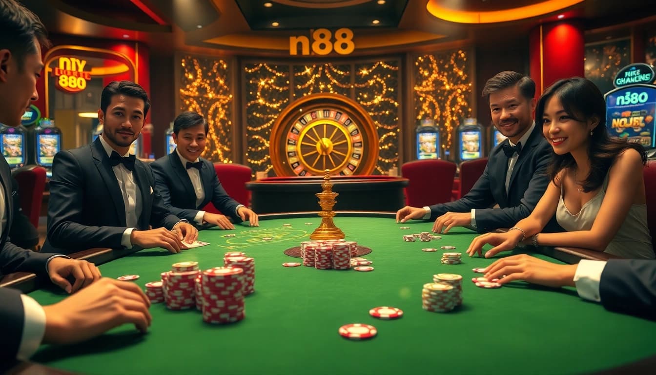 Experience high-stakes poker action with nh88 as players engage in strategic gameplay surrounded by vibrant casino elements.
