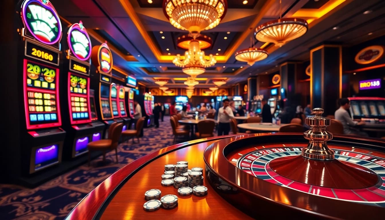Experience the excitement of bro138 with vibrant slot machines and a spinning roulette wheel in a luxurious casino.