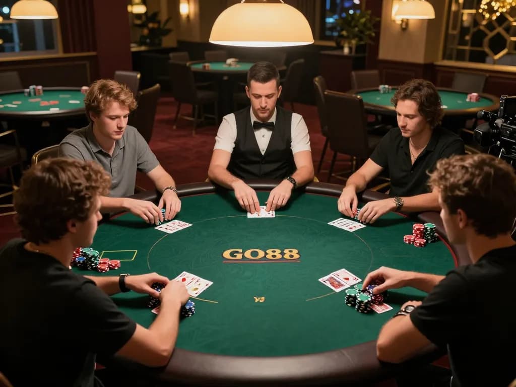 Players immersed in a high-stakes poker game at GO88, showcasing dynamic betting action and interaction.
