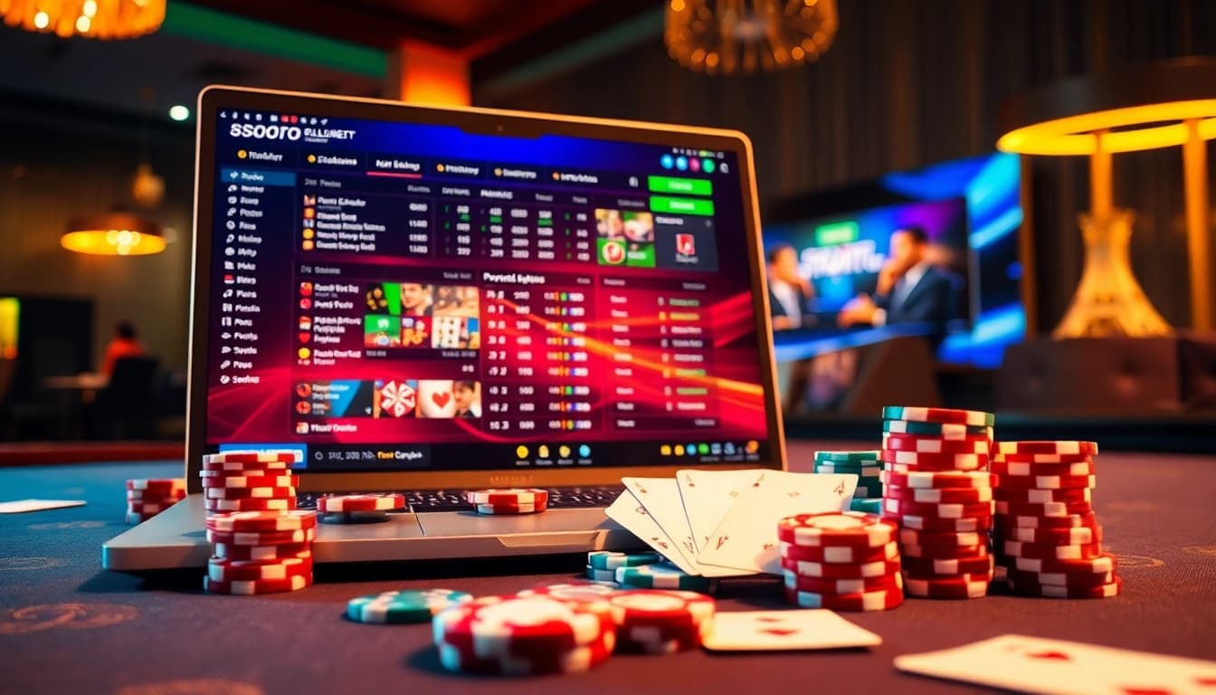 Experience sbobet login indonesia with a vibrant digital betting interface surrounded by colorful poker chips.