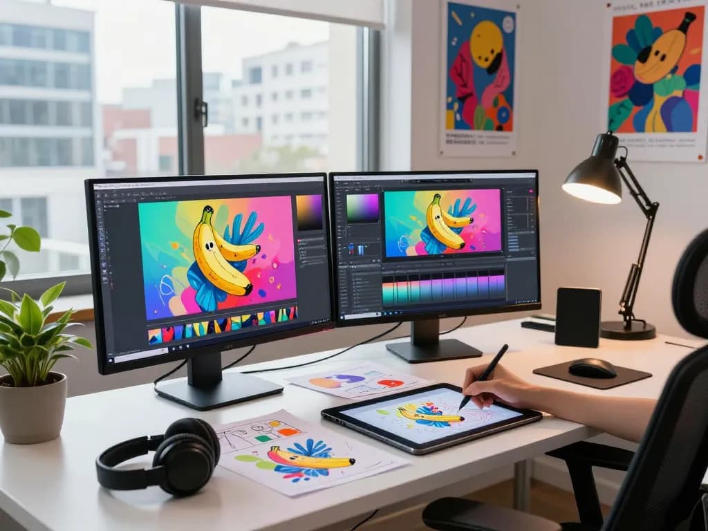 Digital artist editing vibrant images with nano banana 2 in a modern workspace.