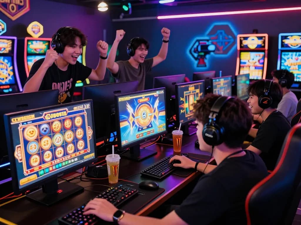 Aksi situs slot gacor dengan pemain yang bersemangat menikmati slot online di lingkungan permainan digital yang berwarna-warni