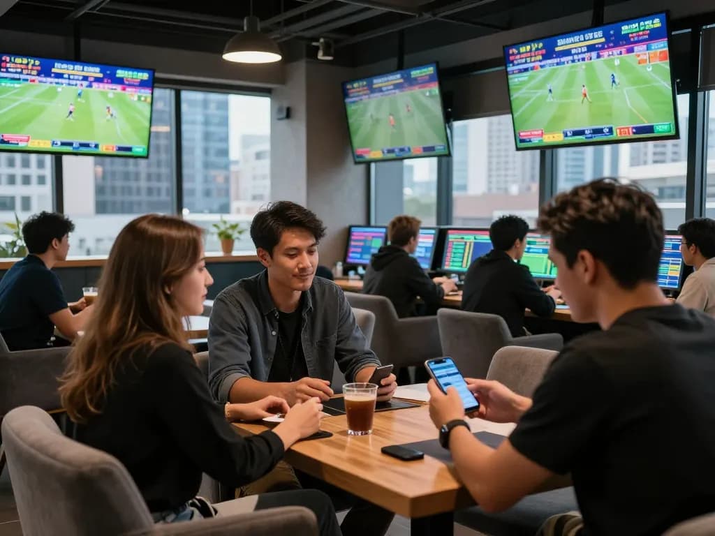 UU88 bettors placing strategic wagers in a lively sports lounge with multiple screens.