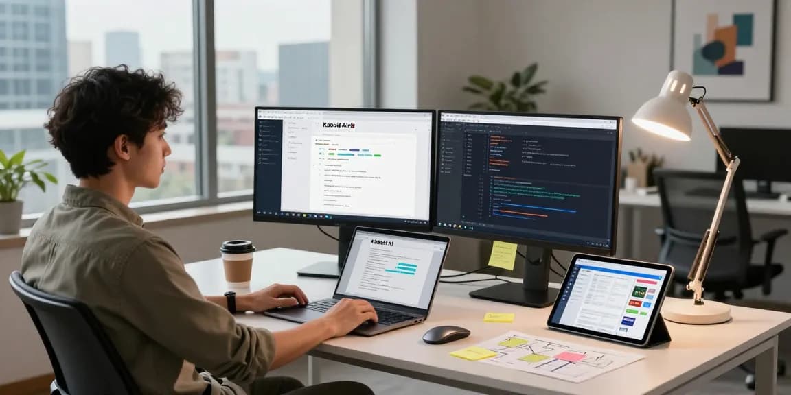 Dynamic workspace showcasing Kobold AI development with dual monitors, coding environment, and modern office setup.