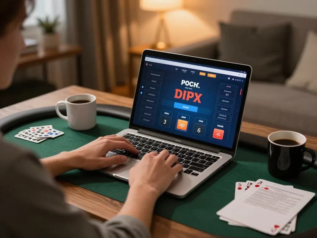 Play online poker at home using laptop with tr88 gaming interface and strategy notes