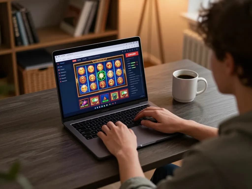 Take part in exciting online gaming with ok365, as a player engages in thrilling slot games from home.