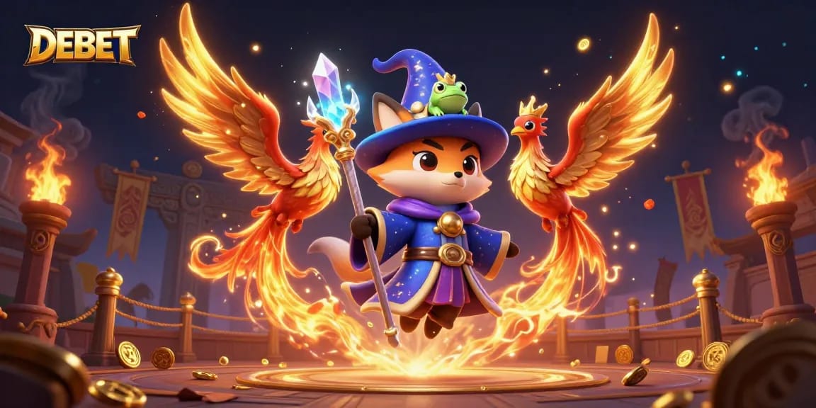 Engage with DEBET through thrilling gaming visuals featuring a mystical wizard fox and phoenix.