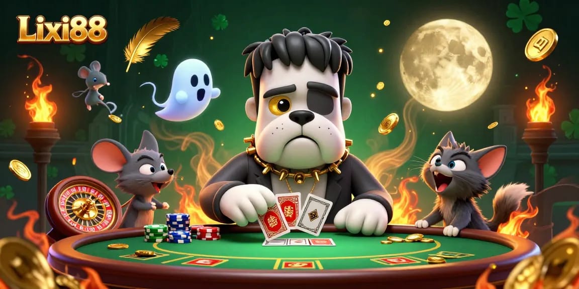 Lixi88 players engaging at a vibrant casino scene with a Frankenstein bulldog dealing cards amidst golden coins and ghostly elements.