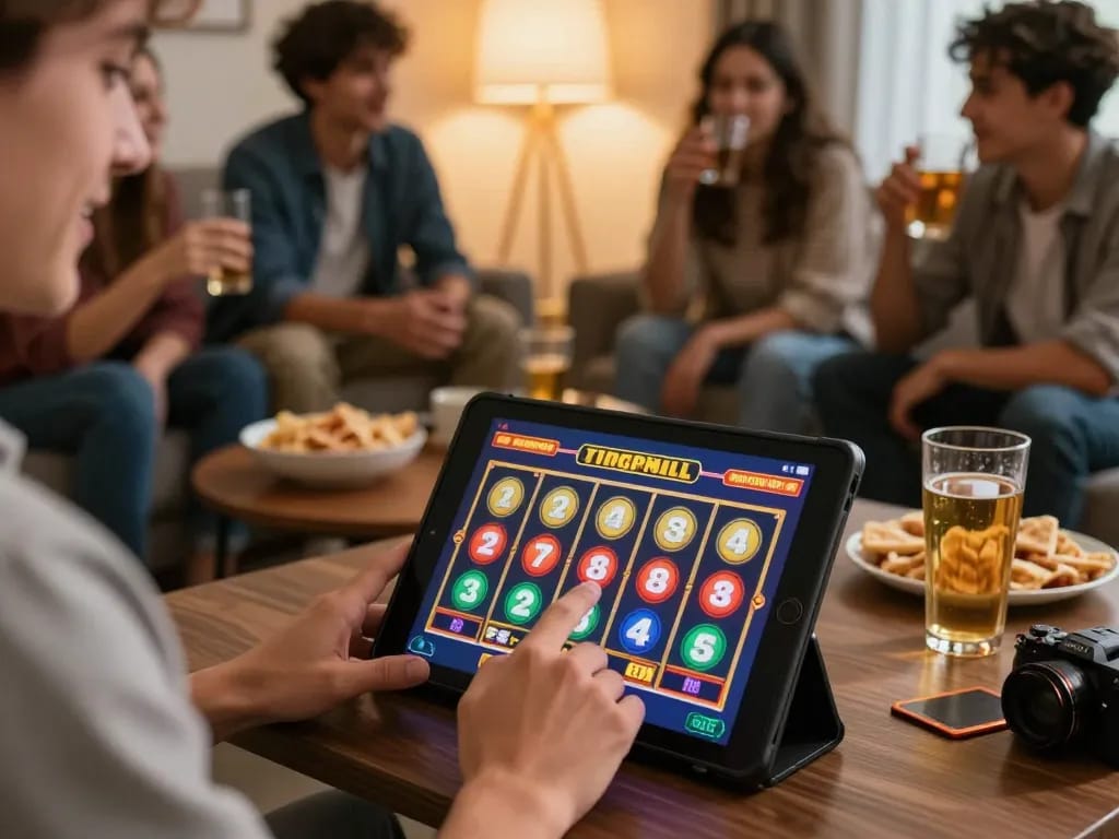 Players interacting with situs toto online slots on a tablet during social evening.