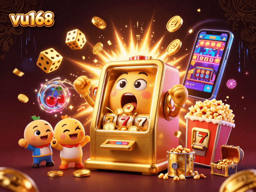 Experience the excitement of winning with vu168's vibrant 3D casino illustration showcasing a jackpot celebration.