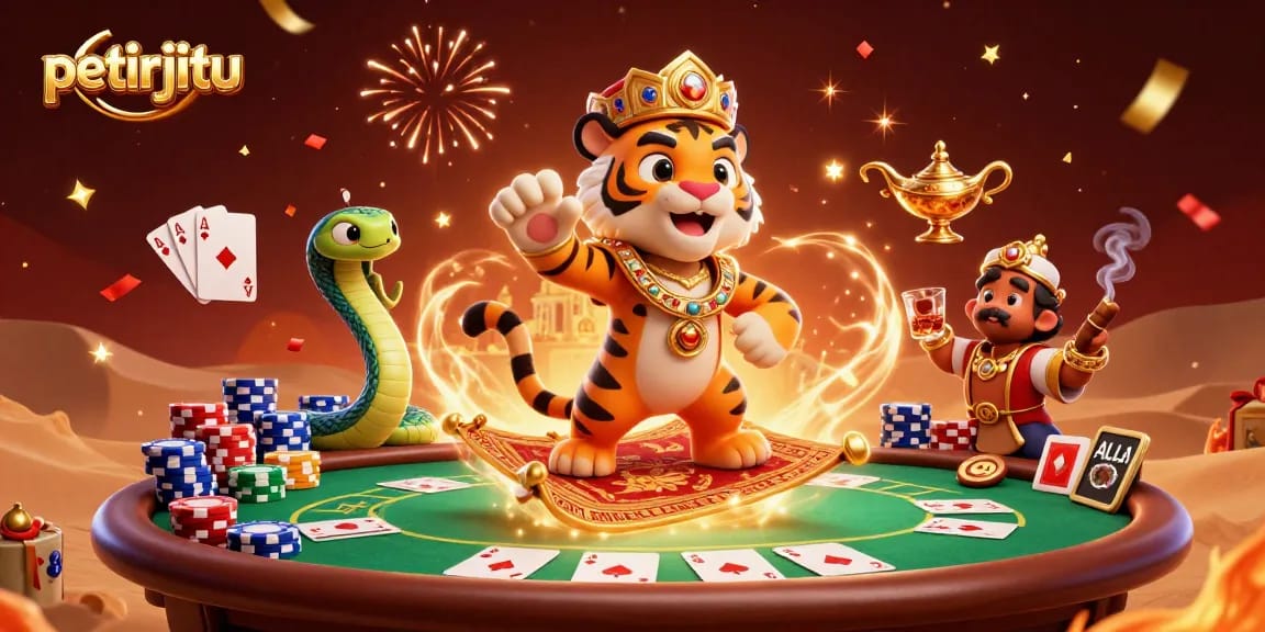 Gambarkan petirjitu saat bermain poker dengan tumpukan chip yang berwarna-warni di latar belakang magis.