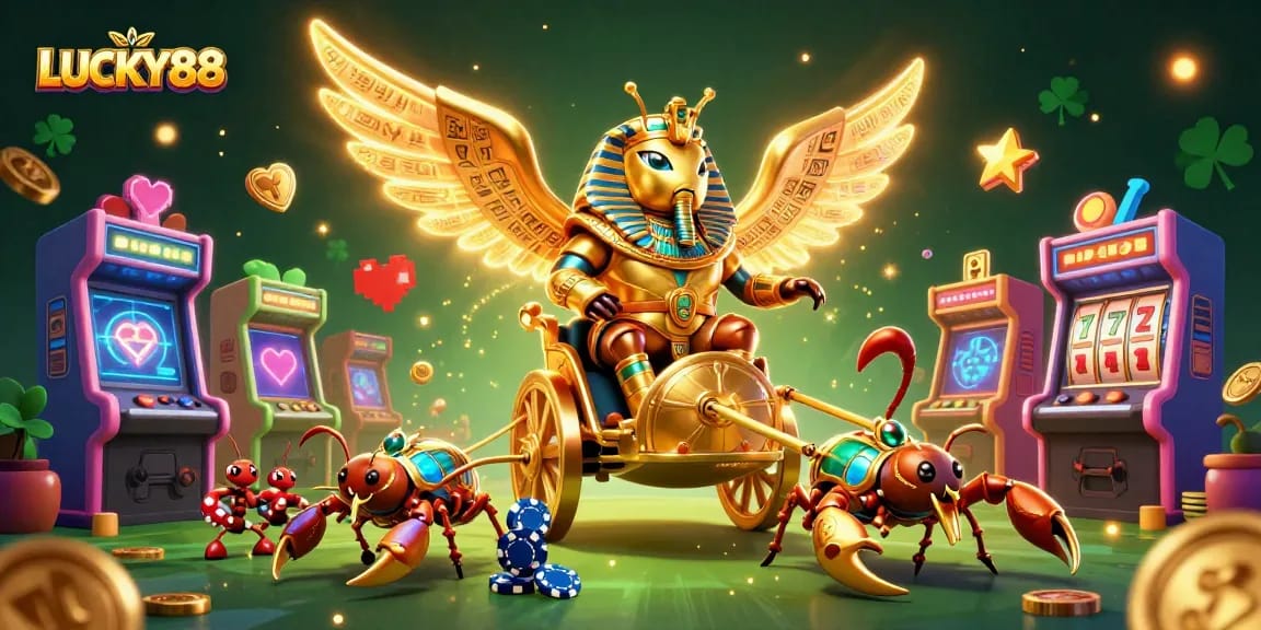 Experience LUCKY88 with vibrant casino characters and dynamic gaming elements in a captivating 3D illustration.