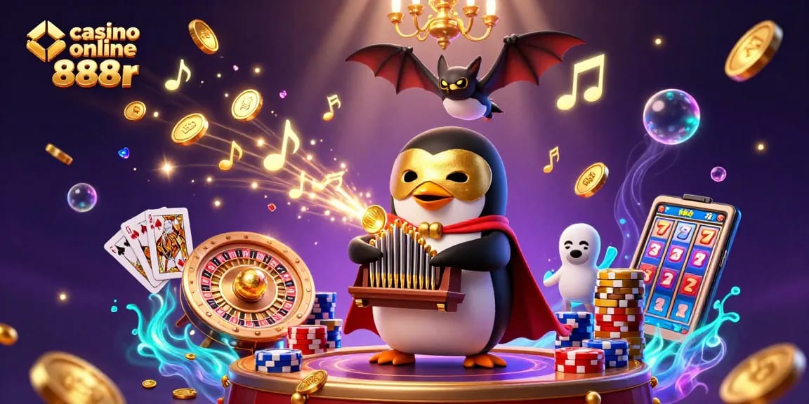 Experience the excitement of casino online 888r with a vibrant 3D illustration featuring a penguin organist and golden coins.