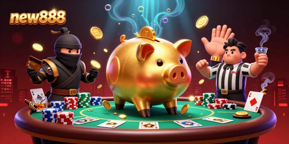 Experience excitement with new888's vibrant casino scene featuring animated characters and dynamic poker elements.
