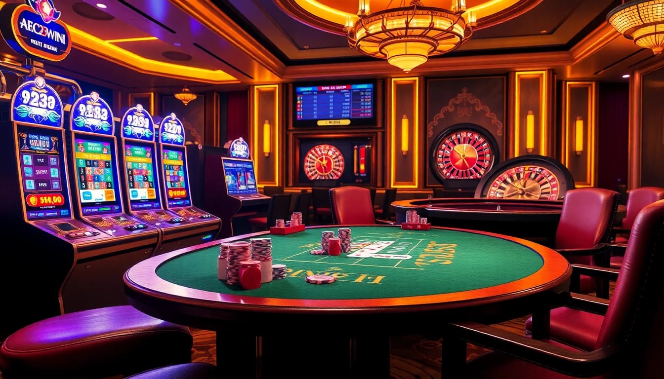 An inviting casino scene featuring interactive gaming elements from https://23wini.online, emphasizing excitement and luxury.