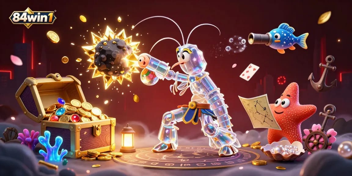 Engage in top-tier gaming with 84win1's vibrant 3D illustration featuring action-packed casino adventures.