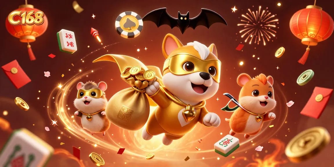 Experience thrilling action at C168 with a superhero dog and hamster amidst vibrant casino elements.