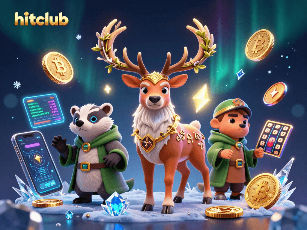 Spin the slots at hitclub with a lively 3D scene featuring mythical characters and crypto symbols.