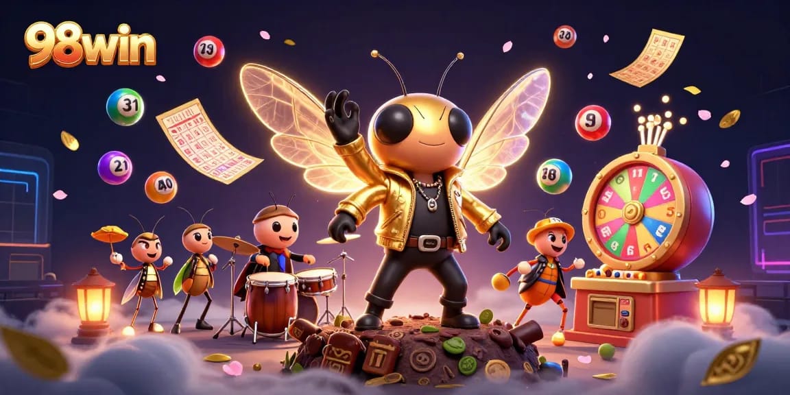 Win big at 98win with a vibrant 3D casino scene showcasing exciting games and characters.