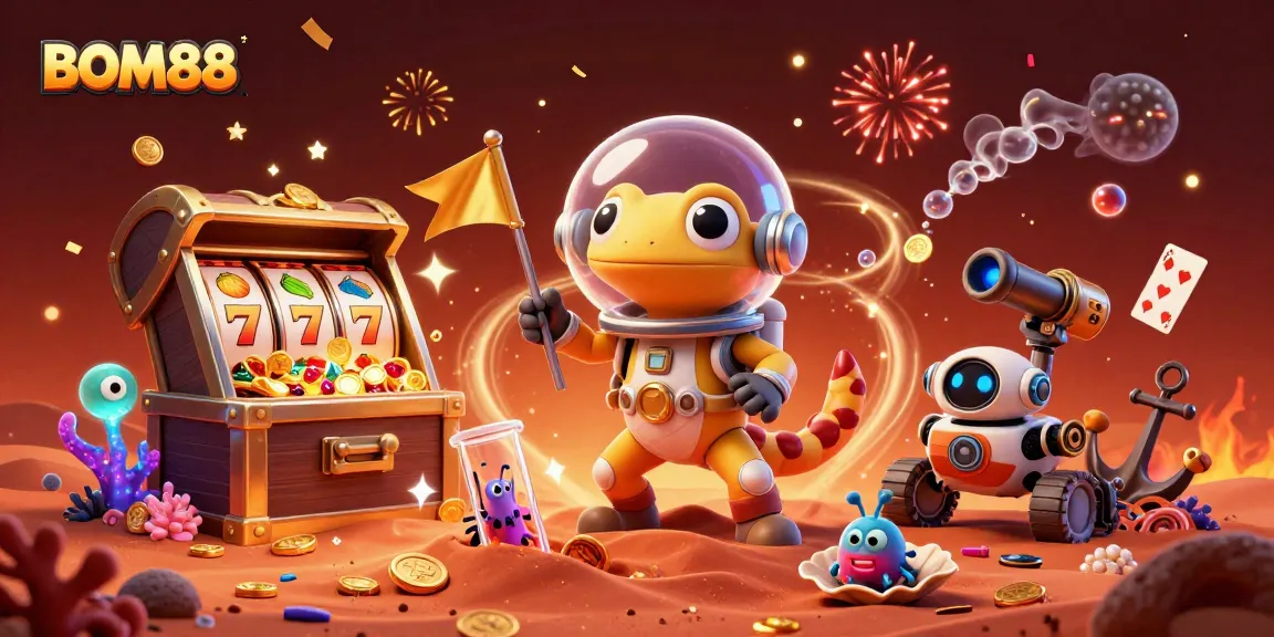 BOM88 players enjoying a whimsical 3D Martian casino adventure with vibrant slot reels and treasure explosions