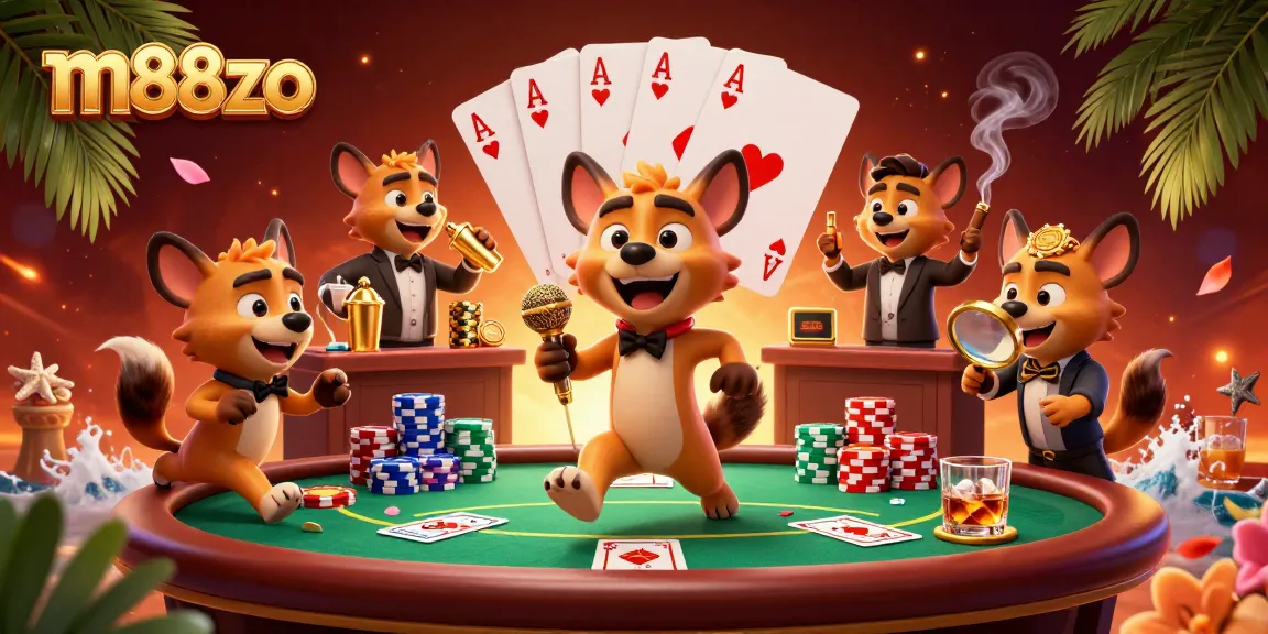 Experience fun at m88zo's comedy casino with engaging hyena characters in a lively setting.