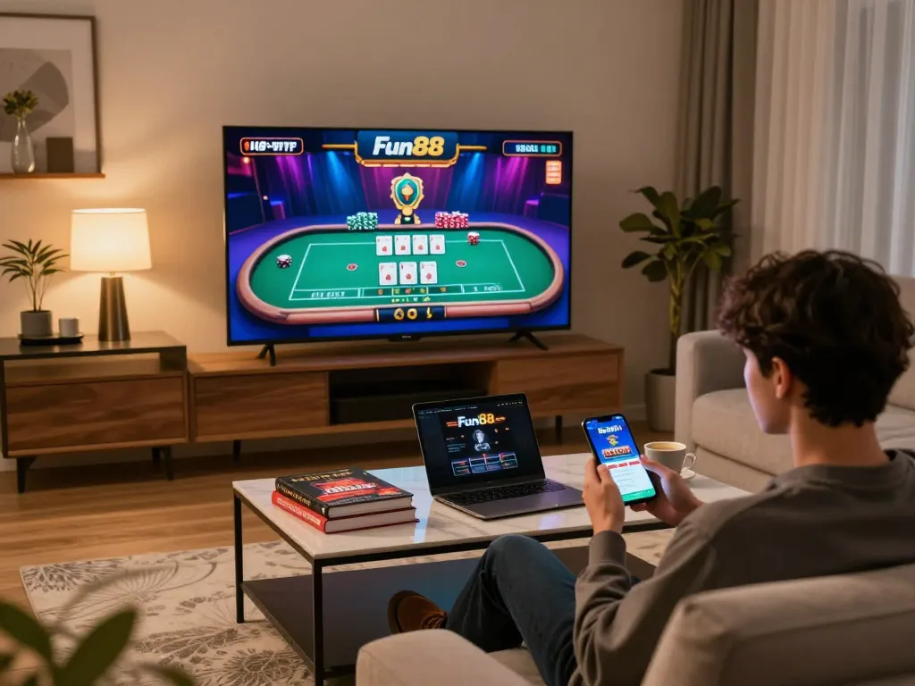 Engaging in online gaming on Fun88 app in a stylish home setting