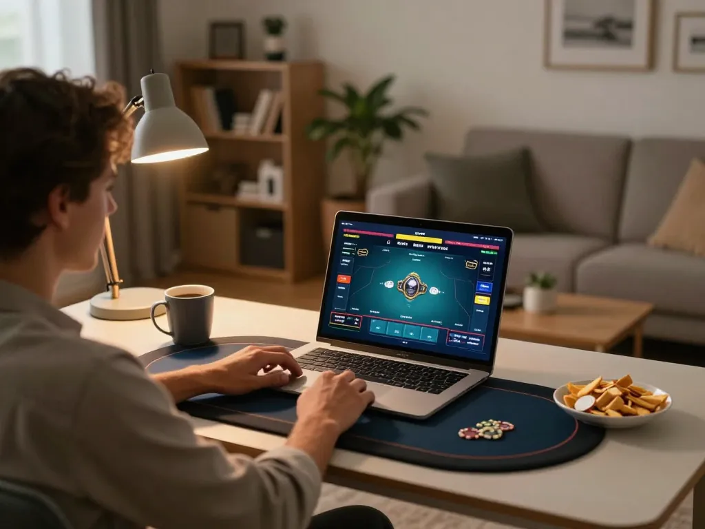 Engaging scene of Canadian online casinos setup, showcasing a player immersed in online poker gameplay.