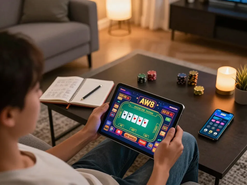 Enjoying an online gaming session on AW8, showcasing vibrant poker on a tablet in a cozy living room.