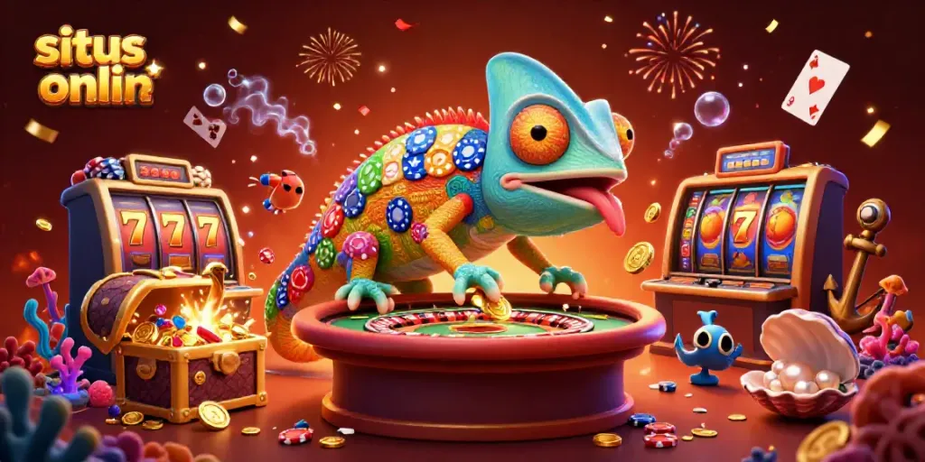 Menggoda pemain dengan gambar chameleon kasino berwarna poker chip yang menarik emas di situs slot online.