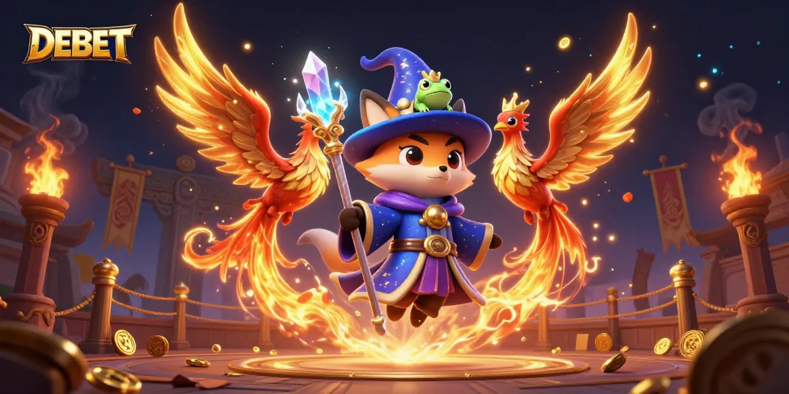 Engage with DEBET through thrilling gaming visuals featuring a mystical wizard fox and phoenix.