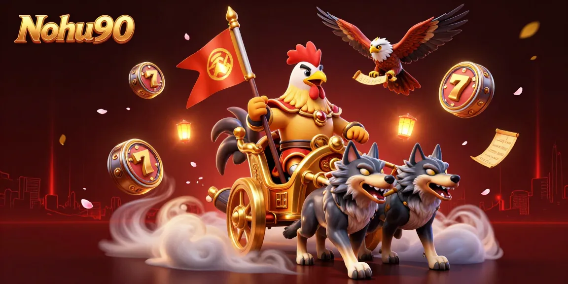 Nohu90 showcases thrilling slot adventures with a 3D rooster warlord amidst captivating casino elements.