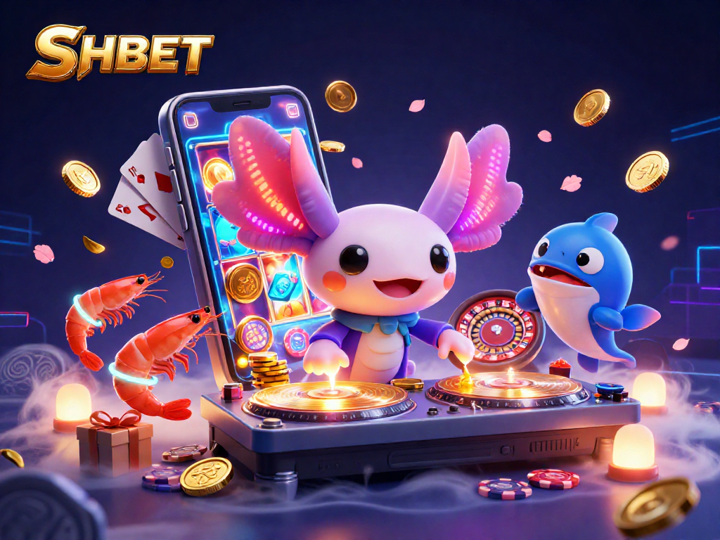 Experience the vibrant SHBET casino scene with a lively axolotl DJ and colorful games surrounding.