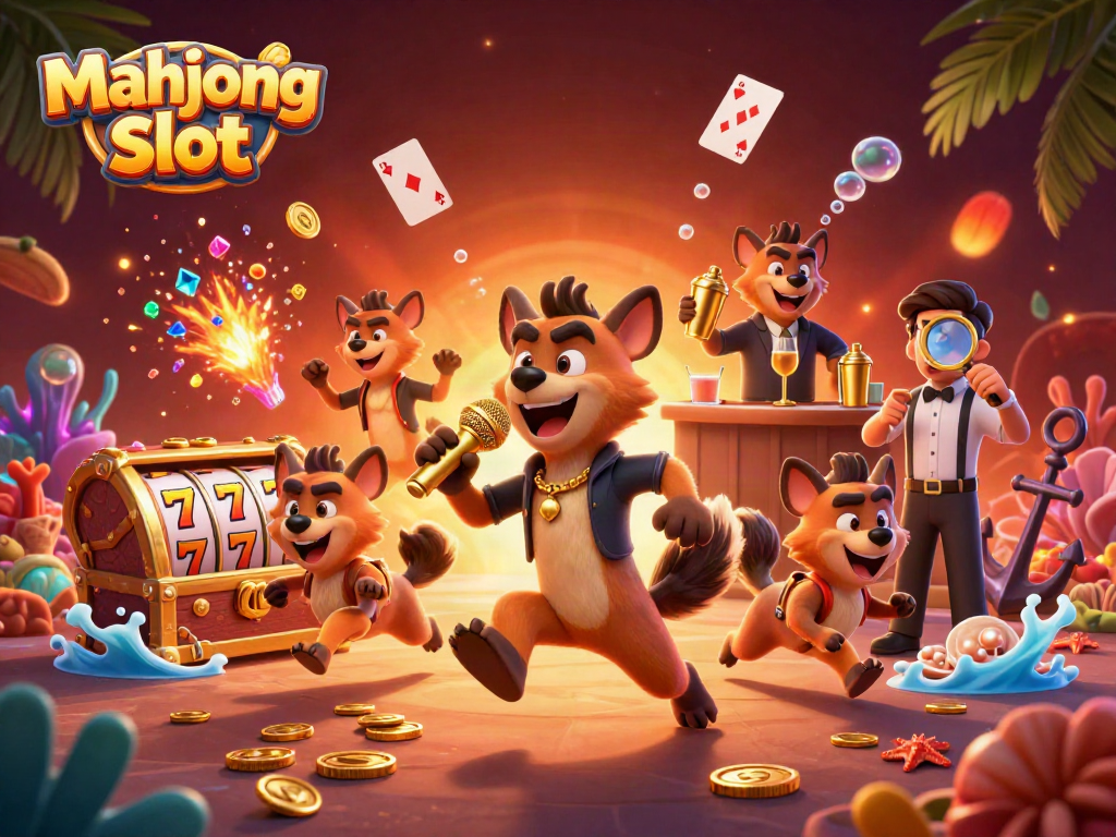 Engage in the mahjong slot excitement at this vibrant cartoon comedy casino scene