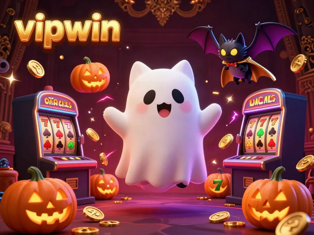Experience the thrill of vipwin with this dynamic haunted casino illustration featuring a ghost cat.