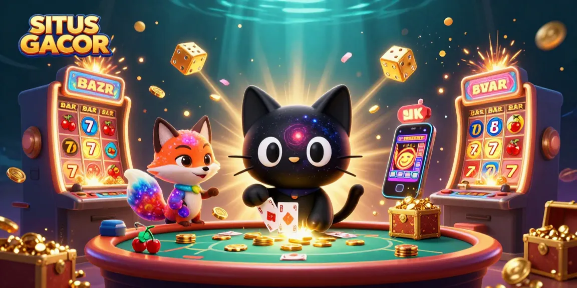 SITUS GACOR showcasing a cosmic casino scene with a black hole cat and colorful gas fox amidst vibrant slot game elements.