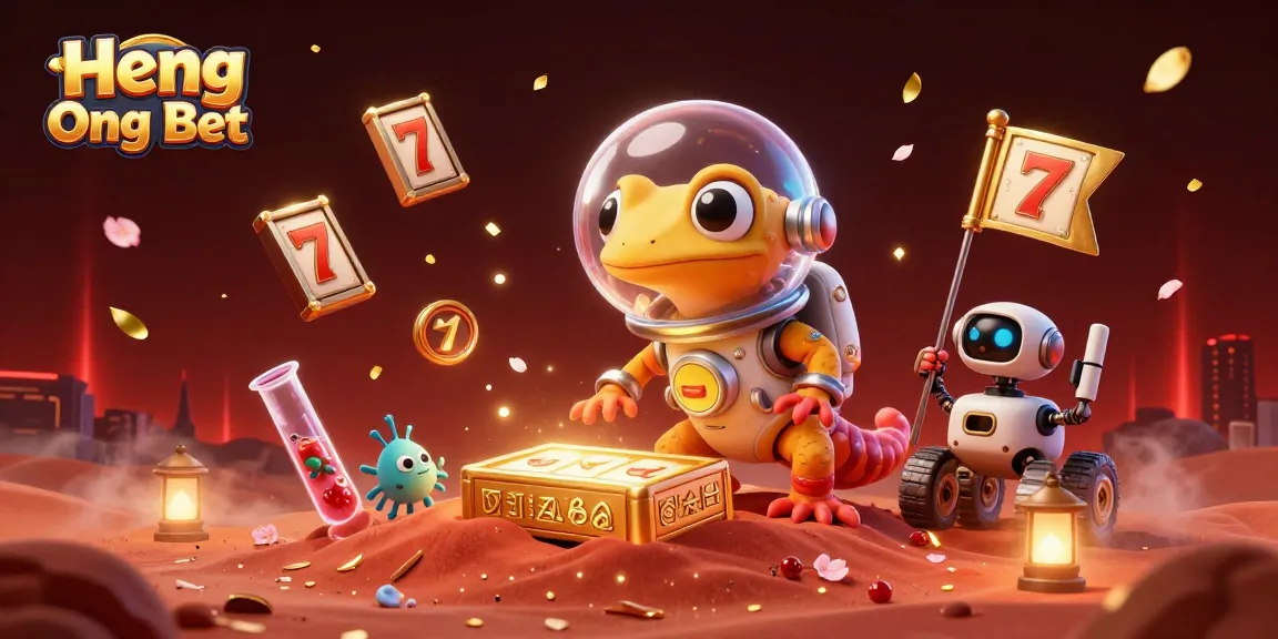 Experience the thrill of Heng Ong Bet with a Martian gecko discovering a golden casino among slot games and festive elements.