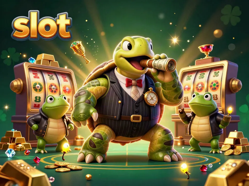 Experience thrilling slot action with a cartoon turtle in a casino setting, brimming with gold and gems.